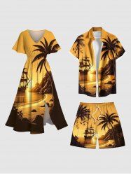 Coconut Tree Sun Sailboat Print Plus Size Matching Hawaii Beach Outfit For Couples -  