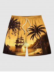 Plus Size Coconut Tree Sun Sailboat Print Hawaii Beach Shorts For Men -  