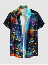 Plus Size Coral Fish Sea Creature Print Buttons Pocket Hawaii Shirt For Men -  
