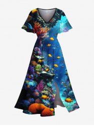 Robe Mi-Longue Bouclée à Imprimé Créature de Mer et Corail Grande-Taille - Bleu 1X
