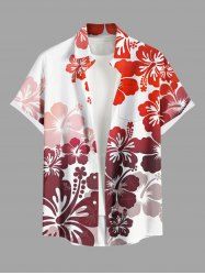 Plus Size Hibiscus Flower Tropical Print Buttons Pocket Hawaii Shirt For Men -  