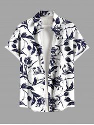 Plus Size Flowers Leaf Print Buttons Pocket Hawaii Shirt For Men -  