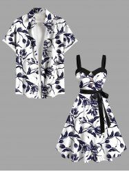 Costume de Plage Grande Taille Imprimé à Fleurs et Feuilles Assorti - Noir 