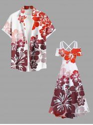 Tenue de Plage à Imprimé Fleurs Tropicales D'Hibiscus Grande-Taille pour Couples - Rouge 
