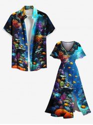 Contrastant Imprimé Poisson Grande Taille Costume de Plage pour Couples - Bleu 