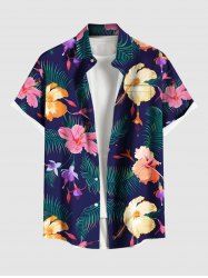 Plus Size Colorful Floral Tropical Leaves Print Hawaii Button Pocket Shirt For Men -  
