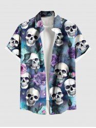 Plus Size Skull Ombre Rose Flower Print Hawaii Button Pocket Shirt For Men -  