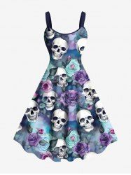 Plus Size Skull Ombre Rose Flower Print Hawaii A Line Tank Dress -  