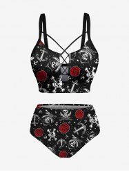Maillot de Bain Tankini Fleur Rose Etoile et Crâne Imprimées Panneau en Dentelle de Grande Taille - Noir 6X