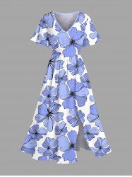 Robe Hawaïen Mi-Longue Fendue Fleur Imprimée de Grande Taille - Bleu S