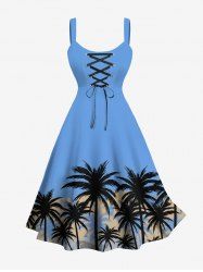 Plus Size Coconut Tree Sky Print Hawaii Lace Up A Line Tank Dress -  