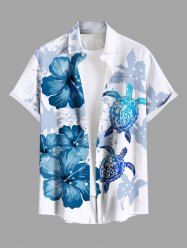 Plus Size Flower Turtle Bird Painting Splatter Print Hawaii Sea Creatures Ombre Button Pocket Shirt For Men -  