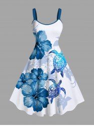 Plus Size Flower Turtle Bird Painting Splatter Print Hawaii Sea Creatures Ombre A Line Tank Dress -  