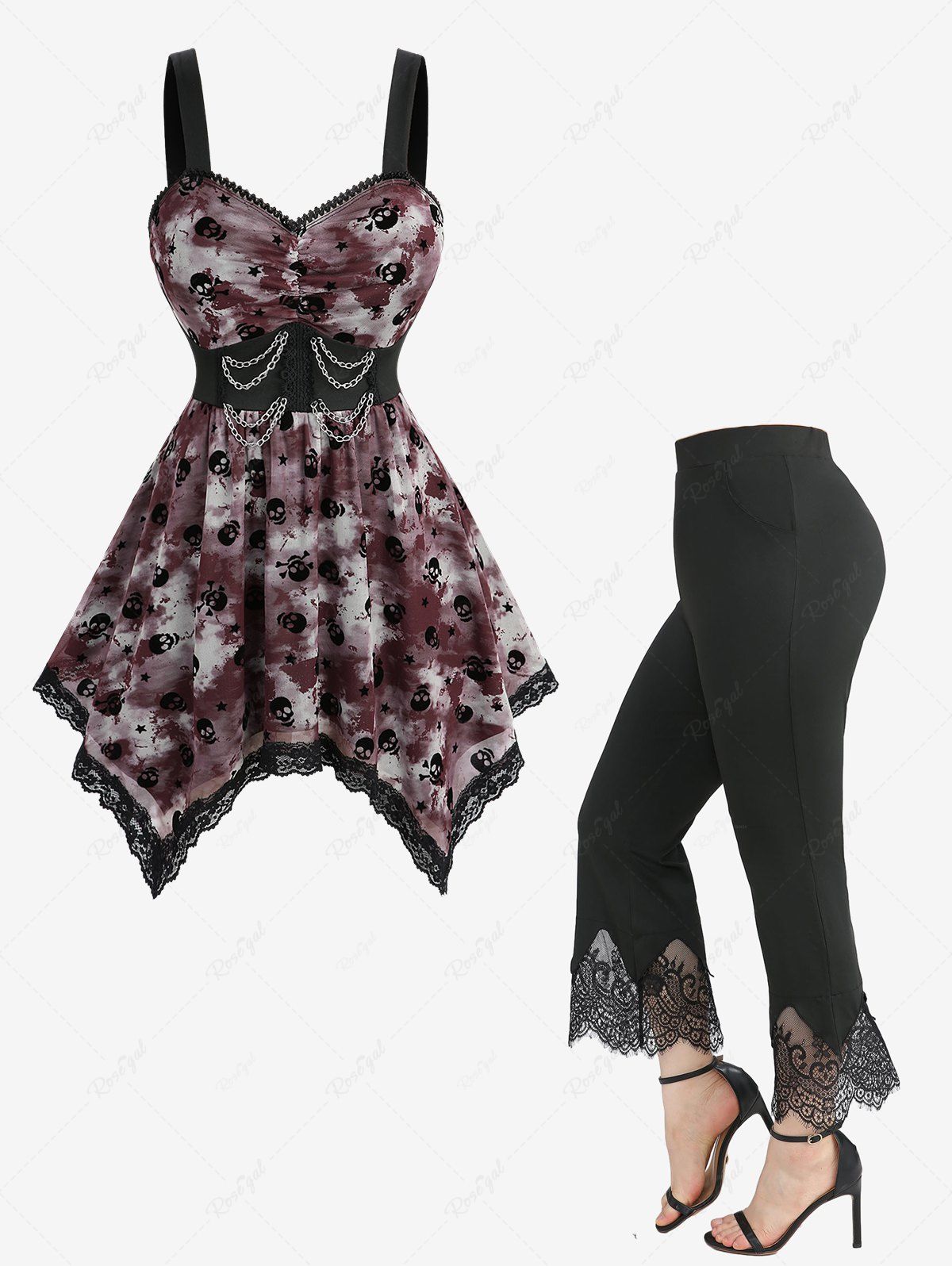Débardeur Evasé Teinté Crâne Imprimée de Grande Taille et Pantalon Evasé Festonné Noir 
