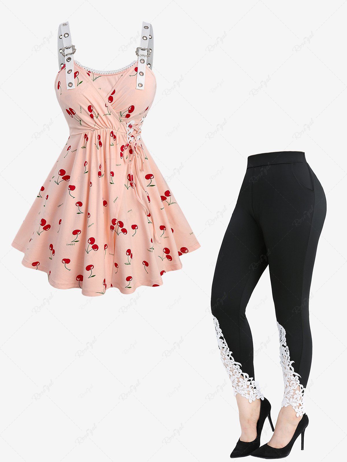 Outfit Cherry Print Lace-up Surplice Tank Top and Appliques Leggings Plus Size Outfit  