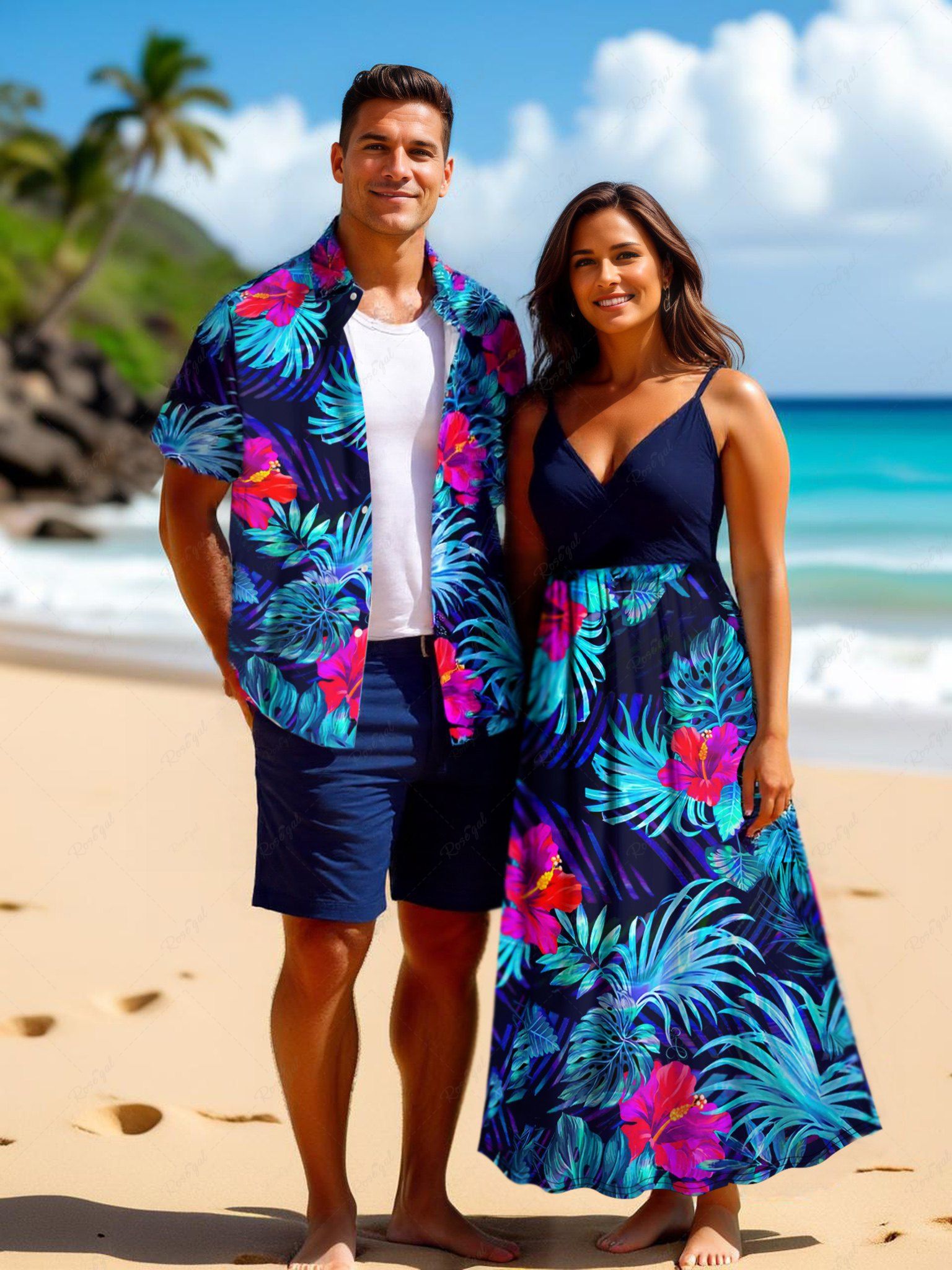 Fashion Tropical Leaf Hibiscus Flowers Print Plus Size Matching Hawaii Beach Outfit For Couples  