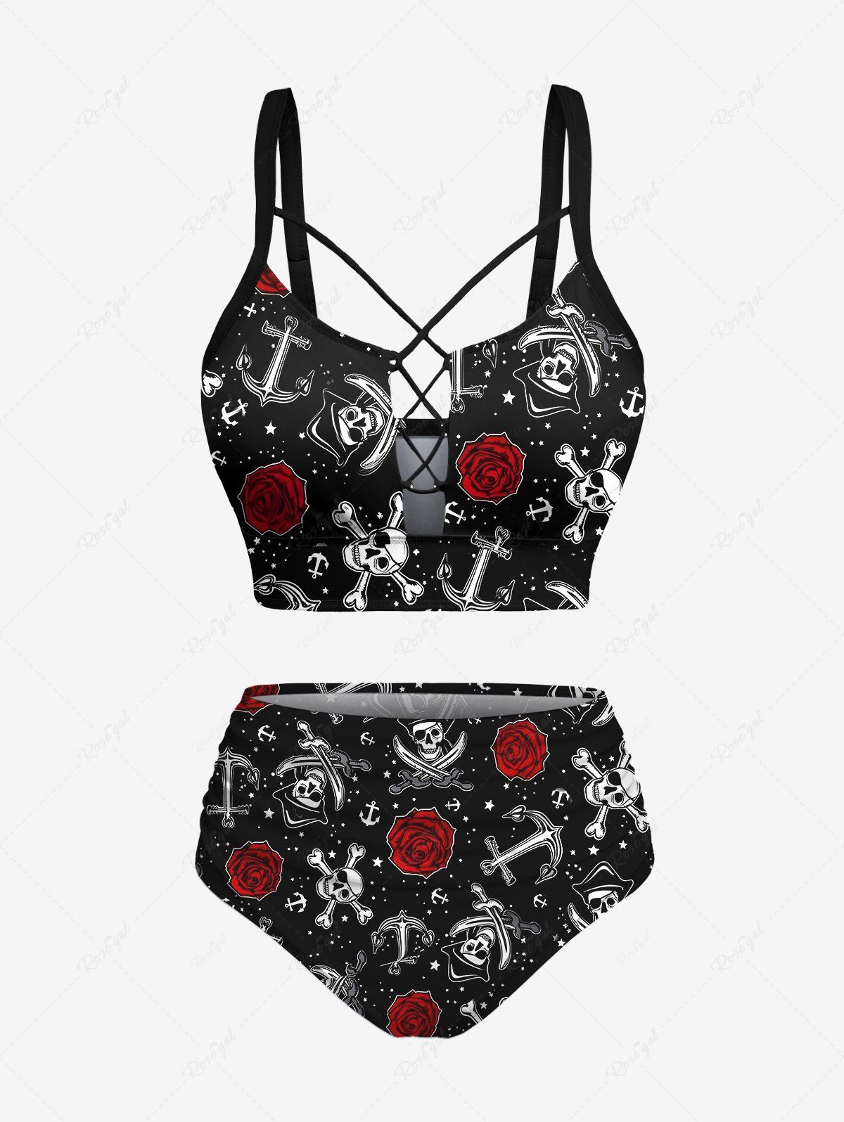 Maillot de Bain Tankini Fleur Rose Etoile et Crâne Imprimées Panneau en Dentelle de Grande Taille Noir 6X