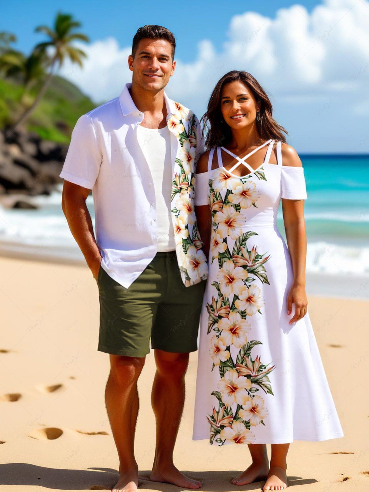 Outfits Tropical Leaf Hibiscus Flower Print Plus Size Matching Hawaii Beach Outfit For Couples  