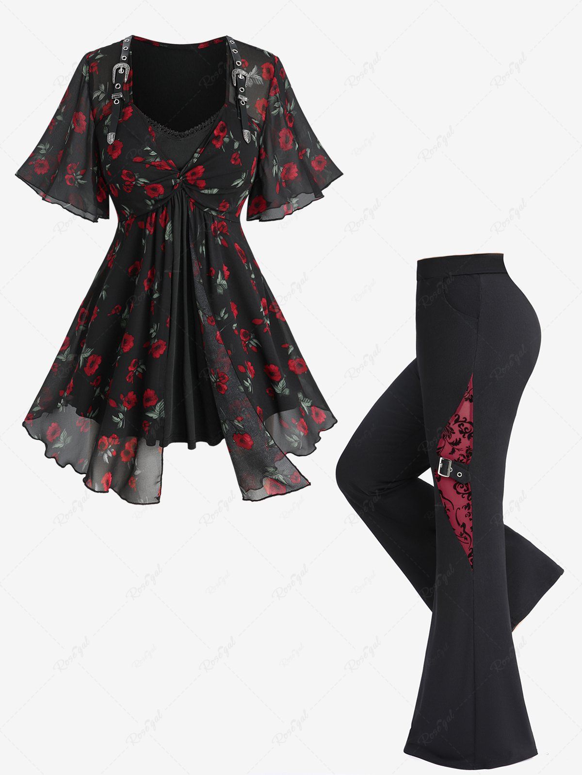 Pantalon Sarouel Long Grande Taille Imprimé Feuille Floral Côtelé Noir 