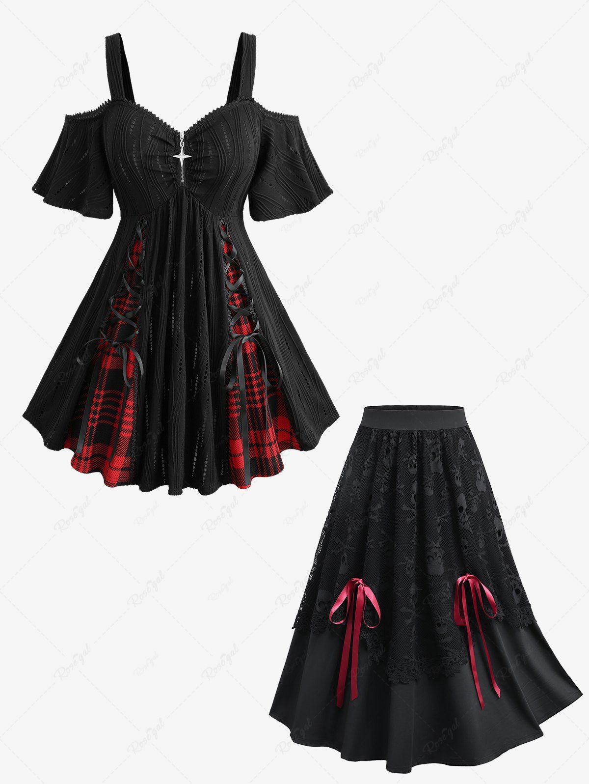 Latest Plaid Print Lace Up Zipper Hollow Out Jacquard Top and Skull Mesh Bowknot Tied Layered A Line Skirt Plus Size Outfit  