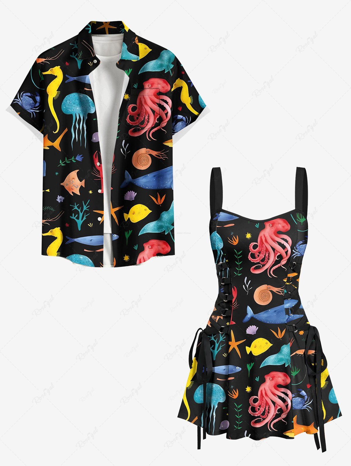 Short de Plage Hawaïen en Velours à Imprimé Pieuvre et Méduse dans la Mer Colorée Noir 