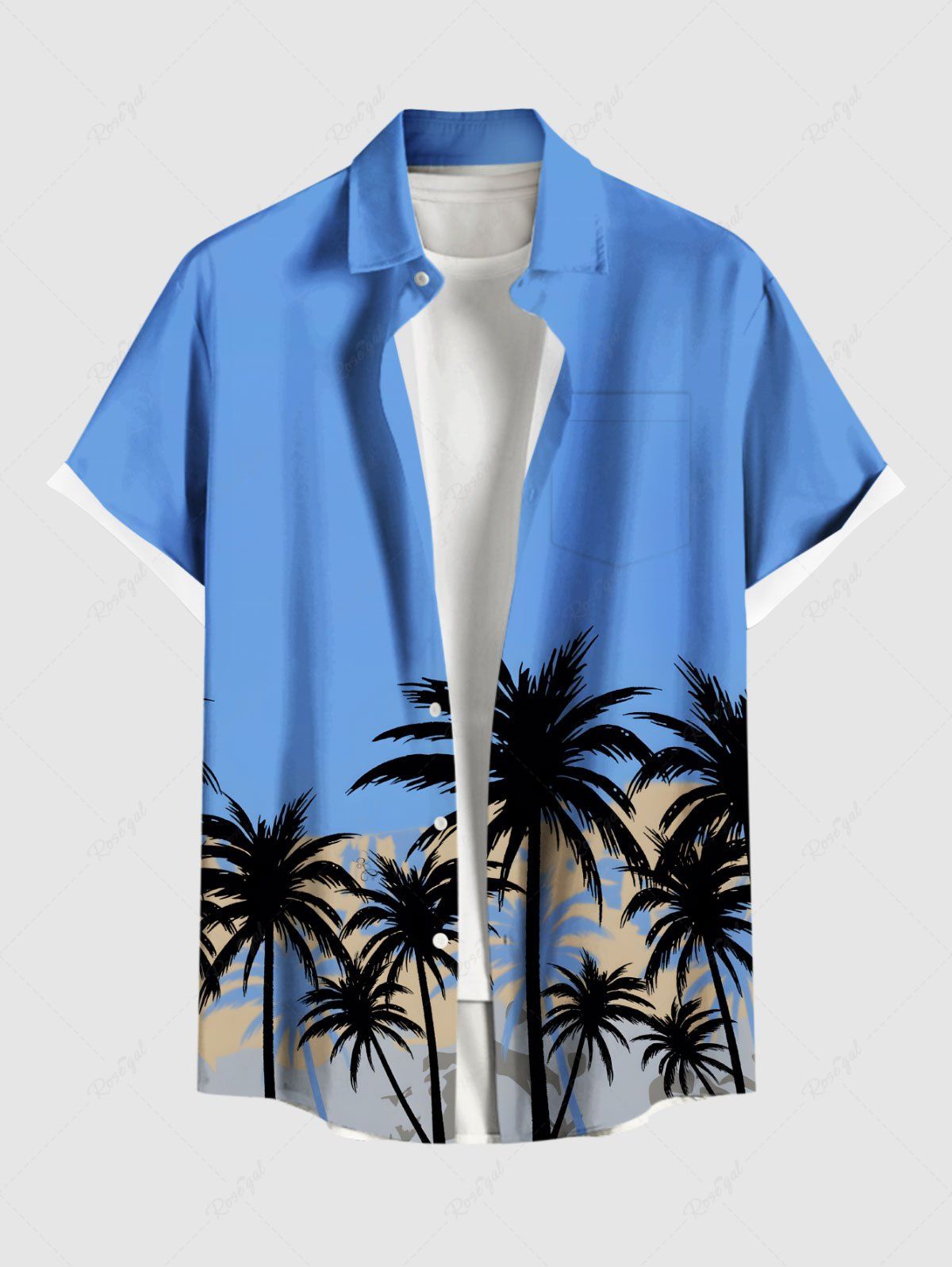 Cheap Plus Size Coconut Tree Sky Print Hawaii Button Pocket Shirt For Men  