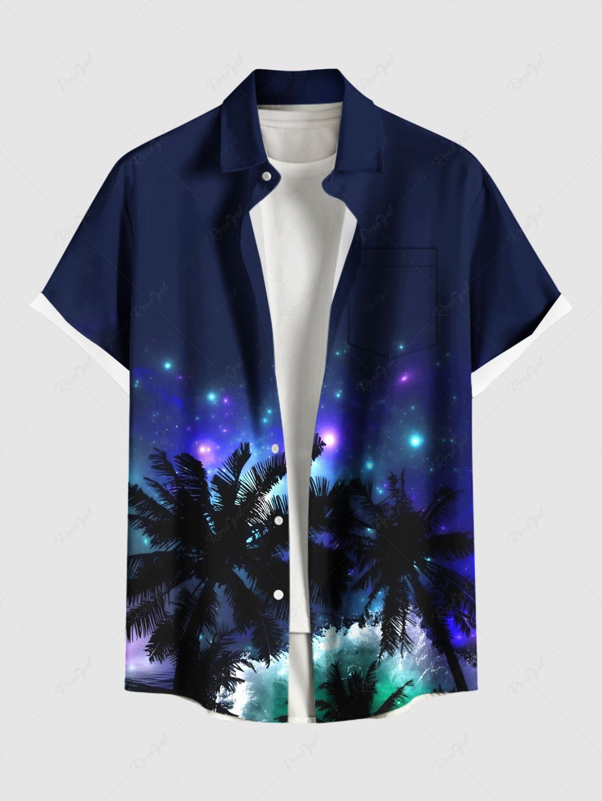 Unique Plus Size Coconut Tree Glitter Galaxy Print Hawaii Button Pocket Shirt For Men  