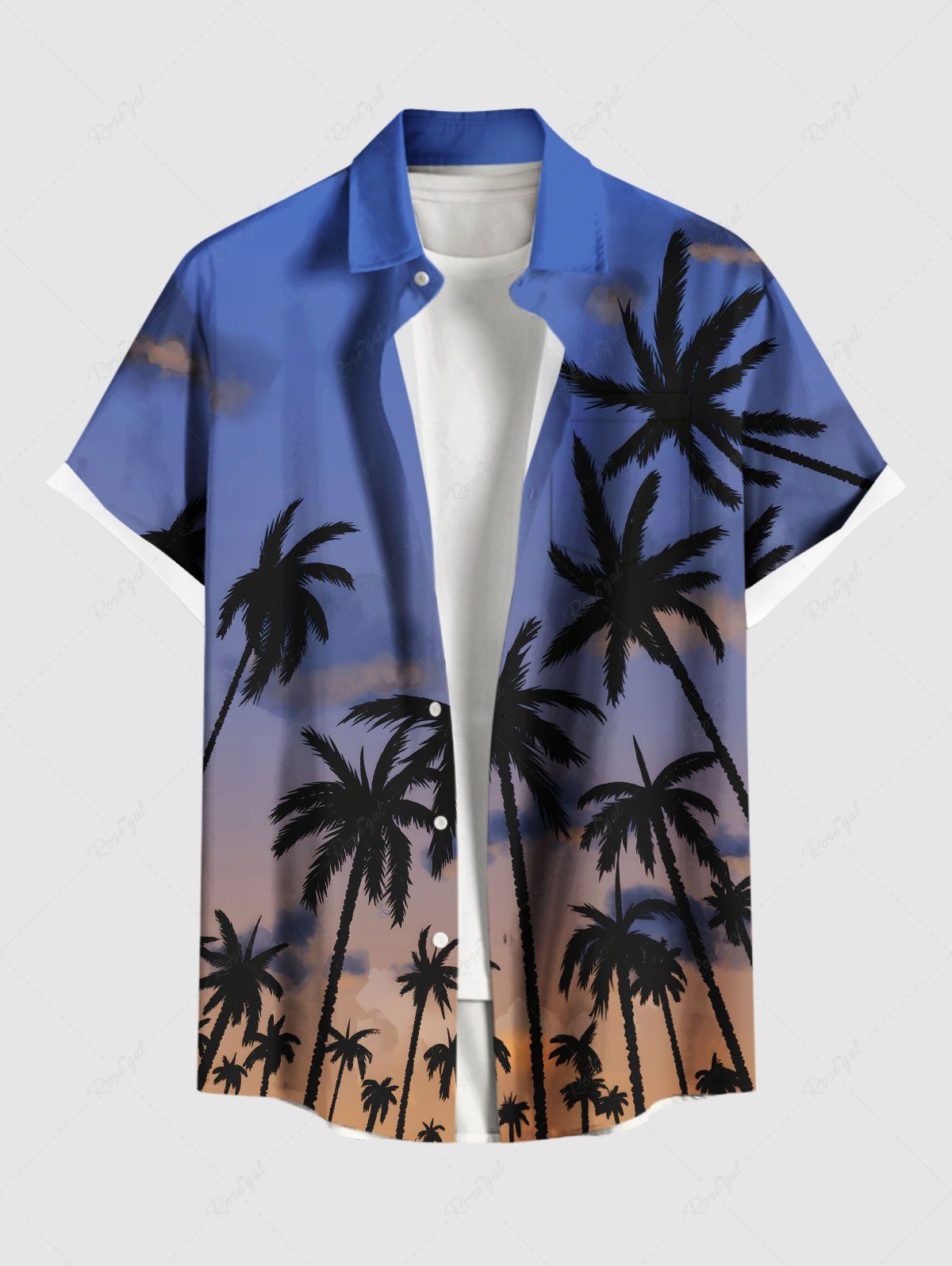 Store Plus Size Coconut Tree Ombre Sky Print Hawaii Button Pocket Shirt For Men  