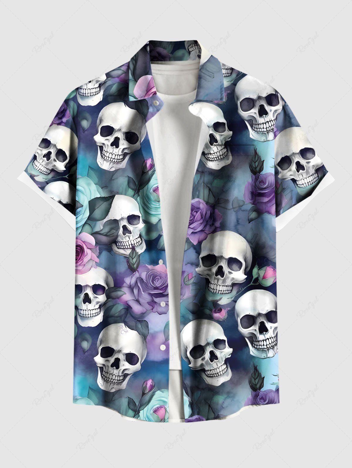 Shop Plus Size Skull Ombre Rose Flower Print Hawaii Button Pocket Shirt For Men  