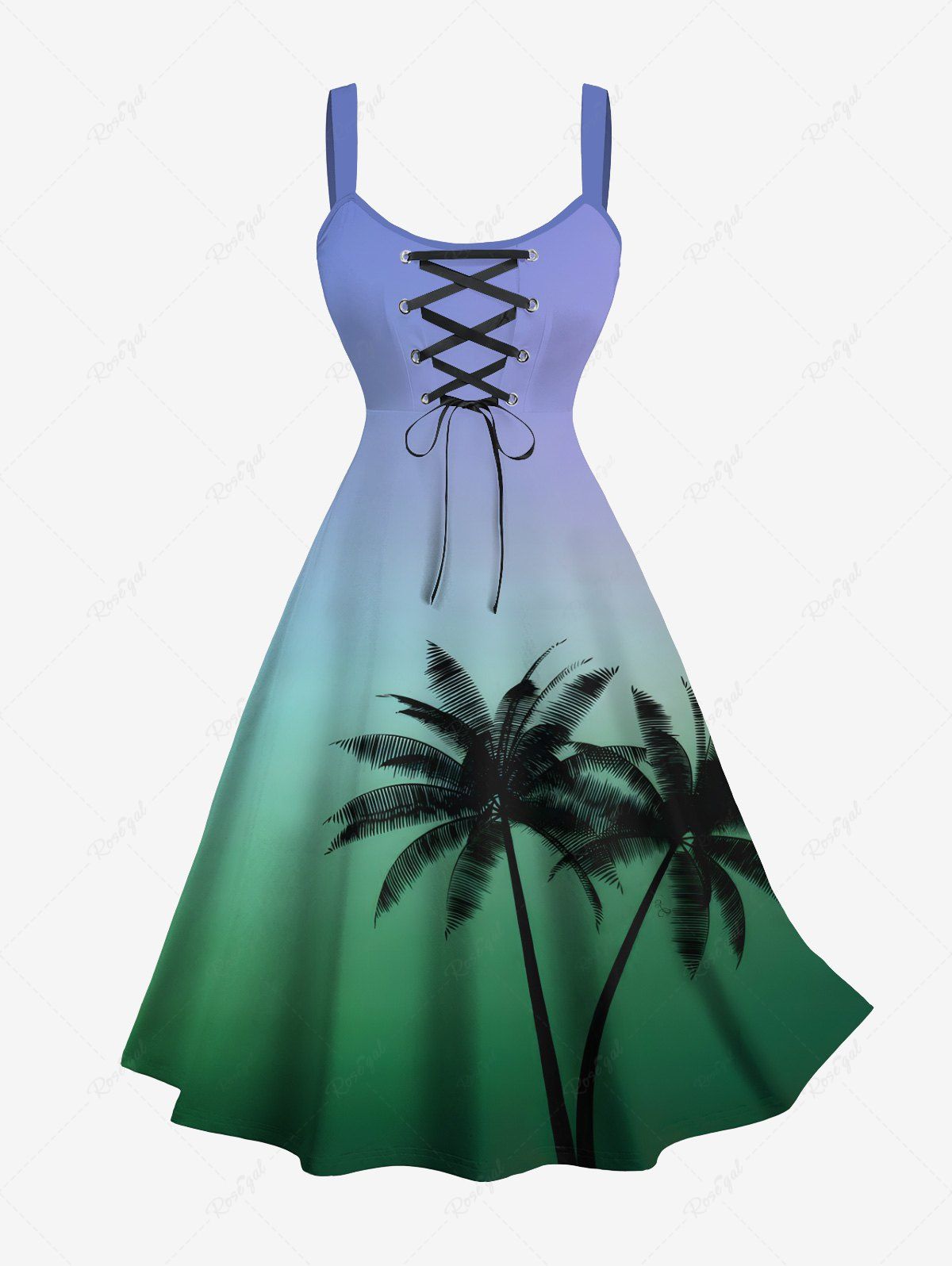 Latest Plus Size Coconut Tree Dip Dye Ombre Print Hawaii Lace Up A Line Tank Dress  