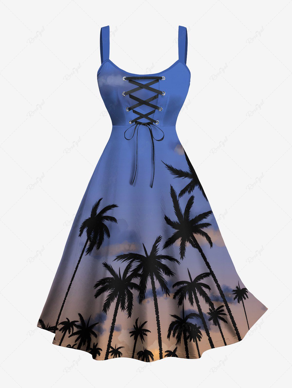 Chic Plus Size Coconut Tree Ombre Sky Print Hawaii Lace Up A Line Tank Dress  