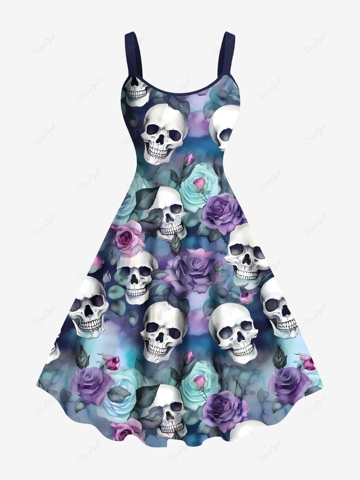 Robe Débardeur Trapèze Ombrée à Rose et Crâne Grande Taille Bleu clair 6X
