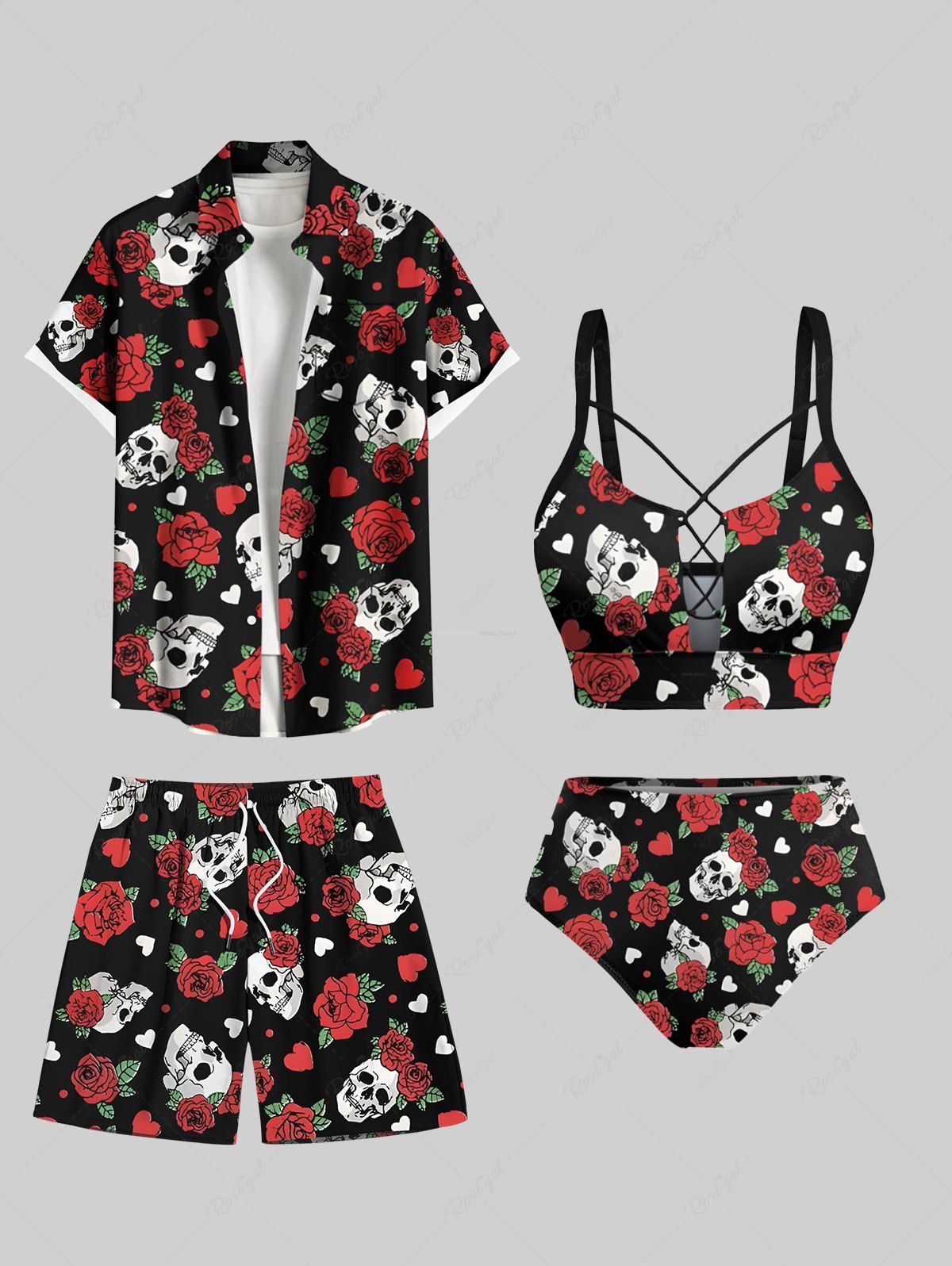 Maillot de Bain Grande Taille et Short de Plage Imprimé de Roses et Coeur Noir 