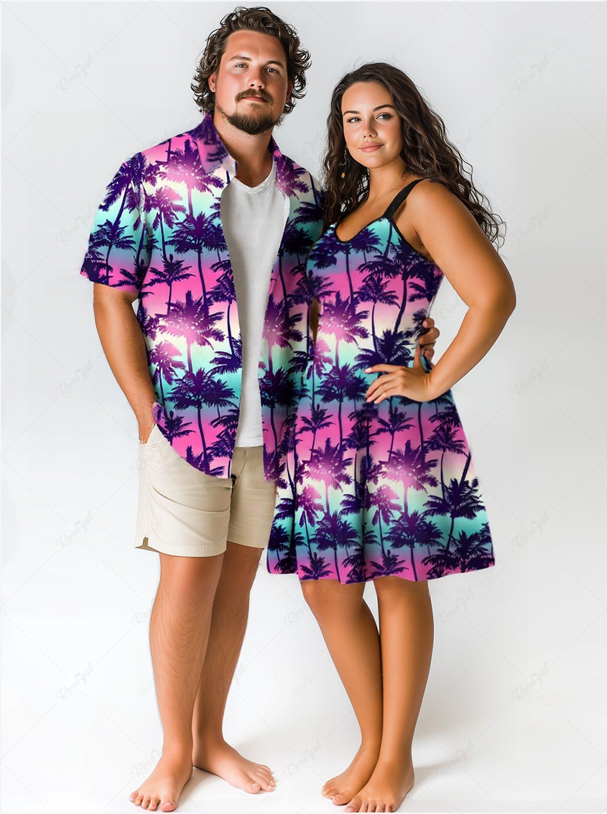 Latest Coconut Tree Ombre Galaxy Printed Plus Size Matching Hawaii Beach Outfit for Couples  