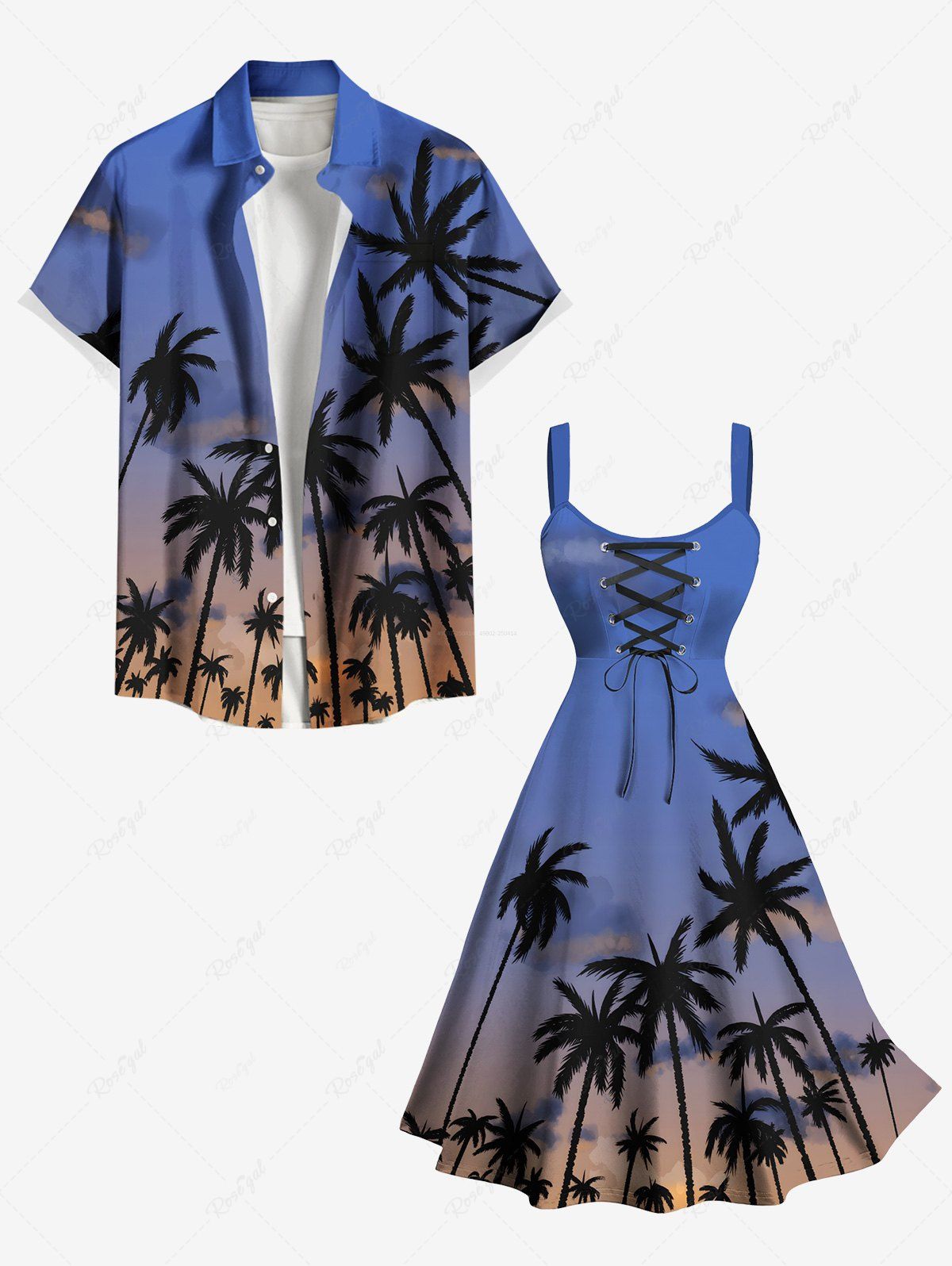 Unique Coconut Tree Ombre Sky Print Plus Size Matching Hawaii Shirt and Dress Beach Outfit For Couples  