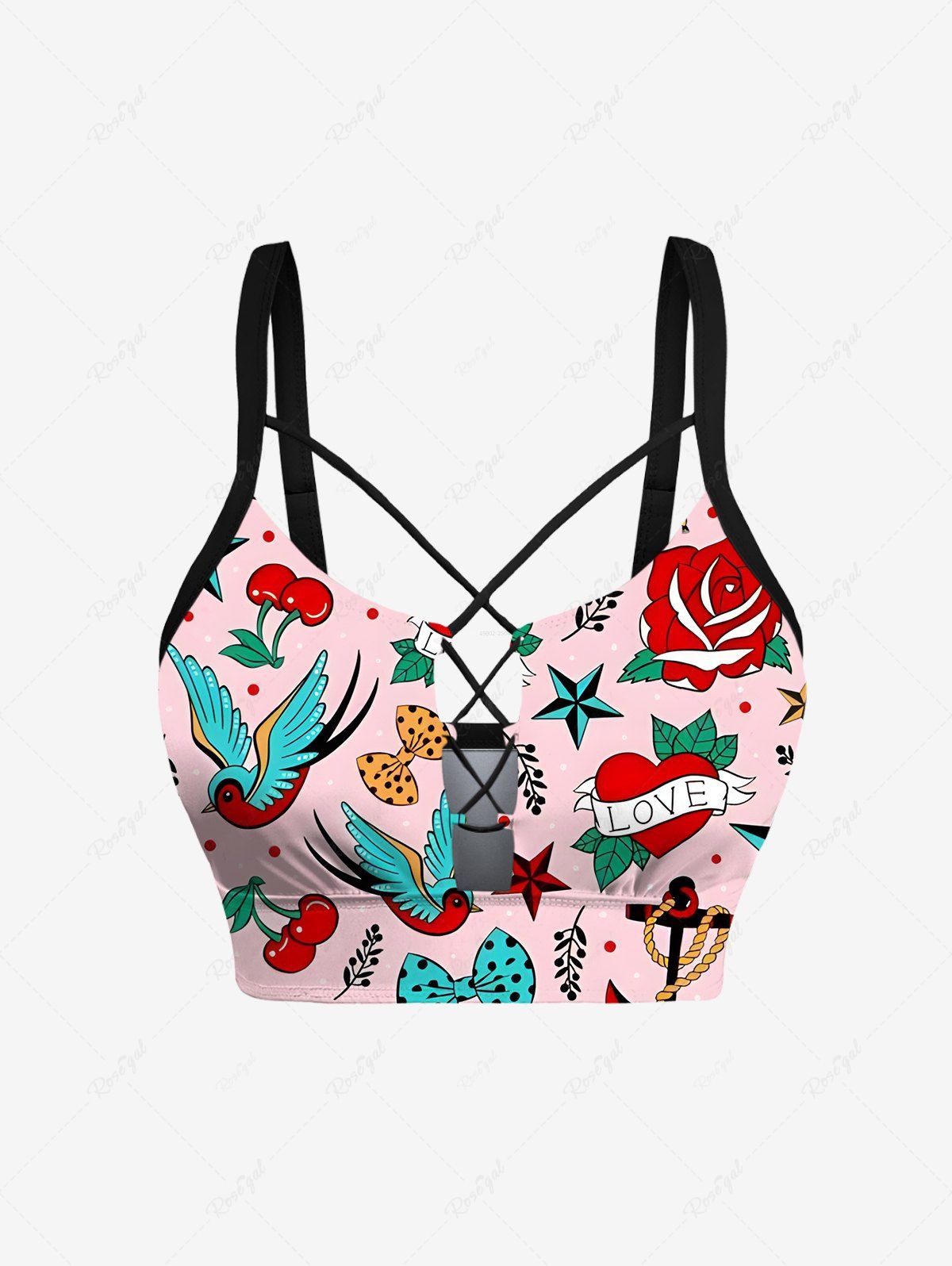 Tankini Débardeur à Dos Ouvert Croisé Imprimé Ancre et Coeur Rose clair 6X