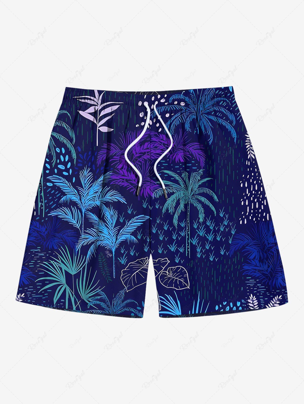 Hot Plus Size Coconut Tree Tropical Leaves Print Hawaii Drawstring Beach Shorts For Men  