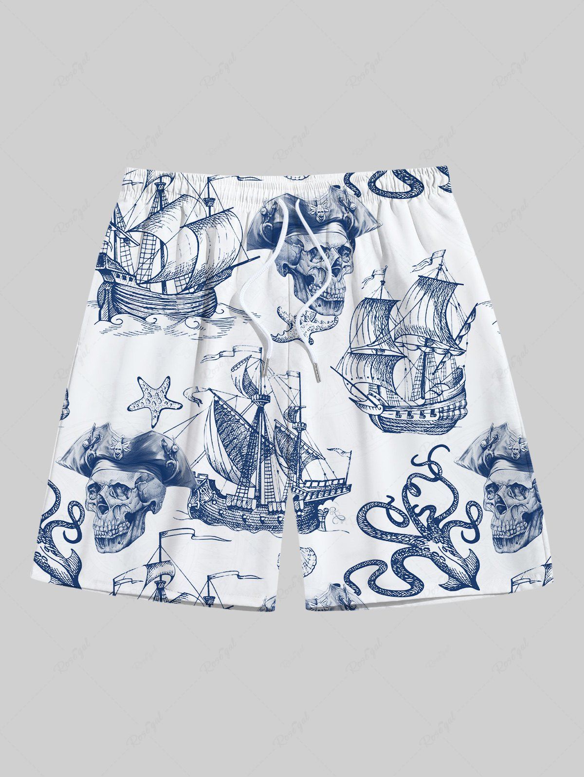 Cheap Plus Size Skull Pirate Octopus Sailboat Shell Cruise Print Hawaii Drawstring Beach Shorts For Men  
