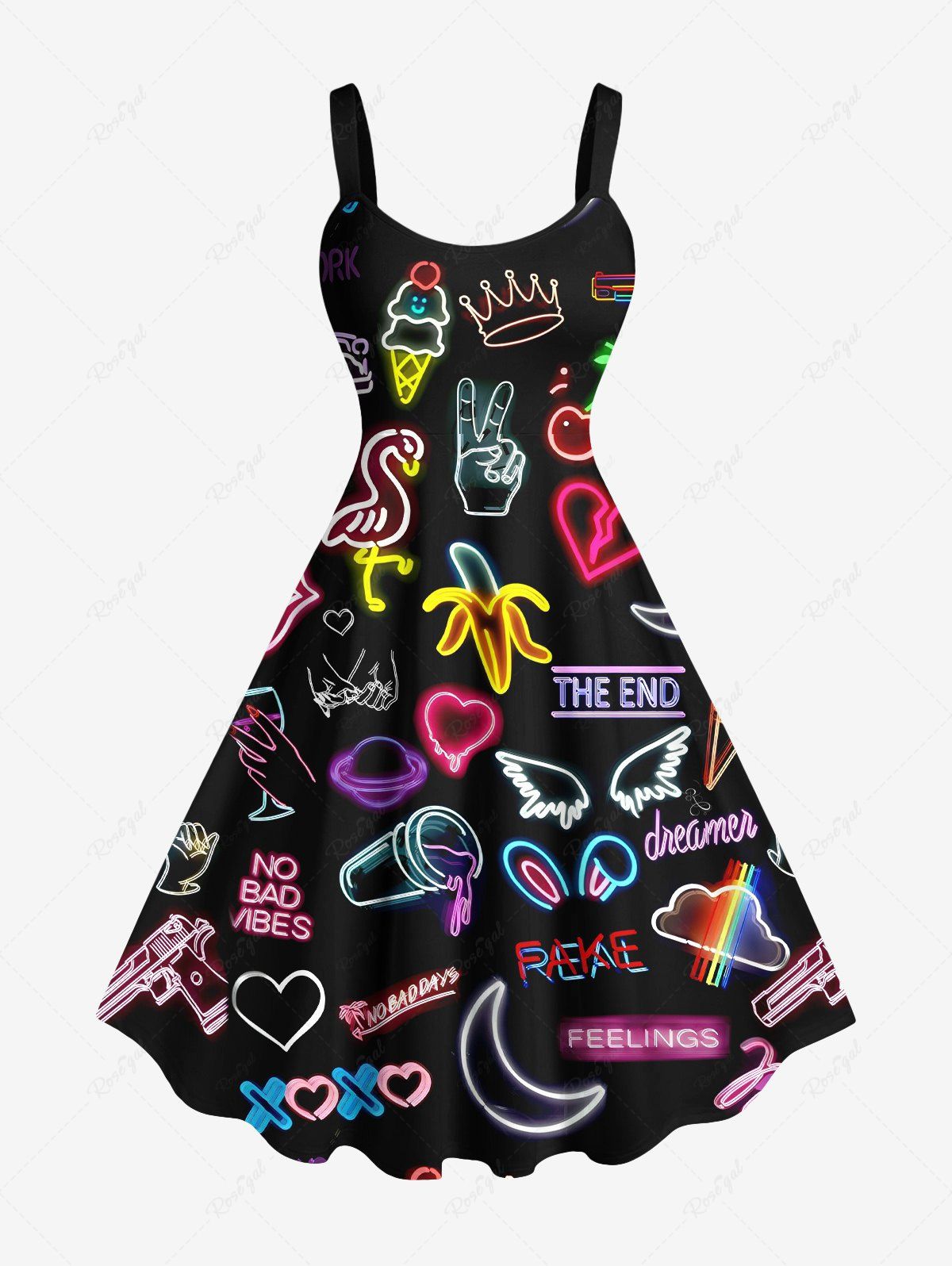 Fancy Plus Size Glitter Neon Flamingo Banana Heart Wing Moon Print Hawaii A Line Tank Dress  