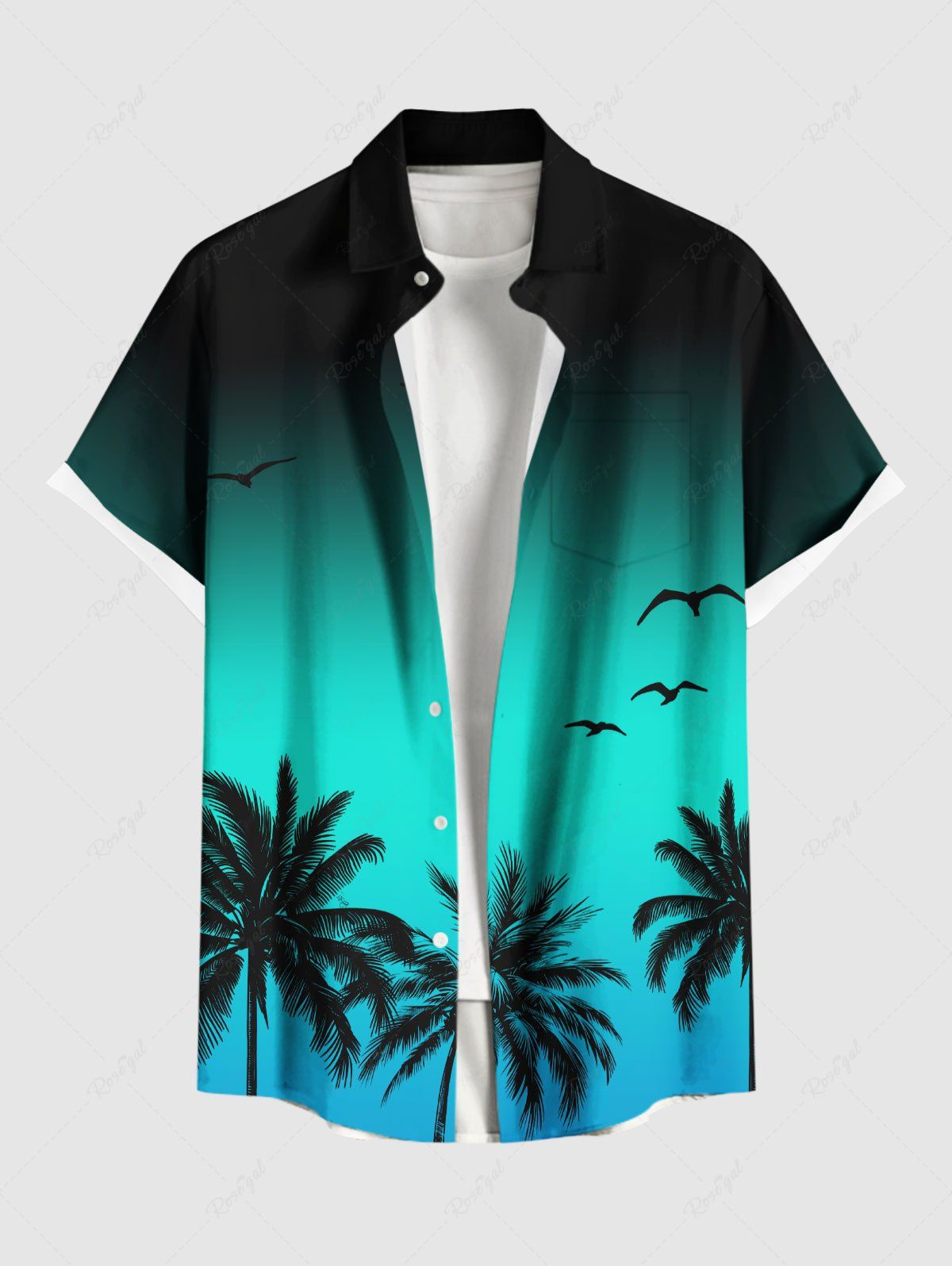 Store Plus Size Coconut Tree Bird Ombre Print Buttons Pocket Hawaii Shirt For Men  