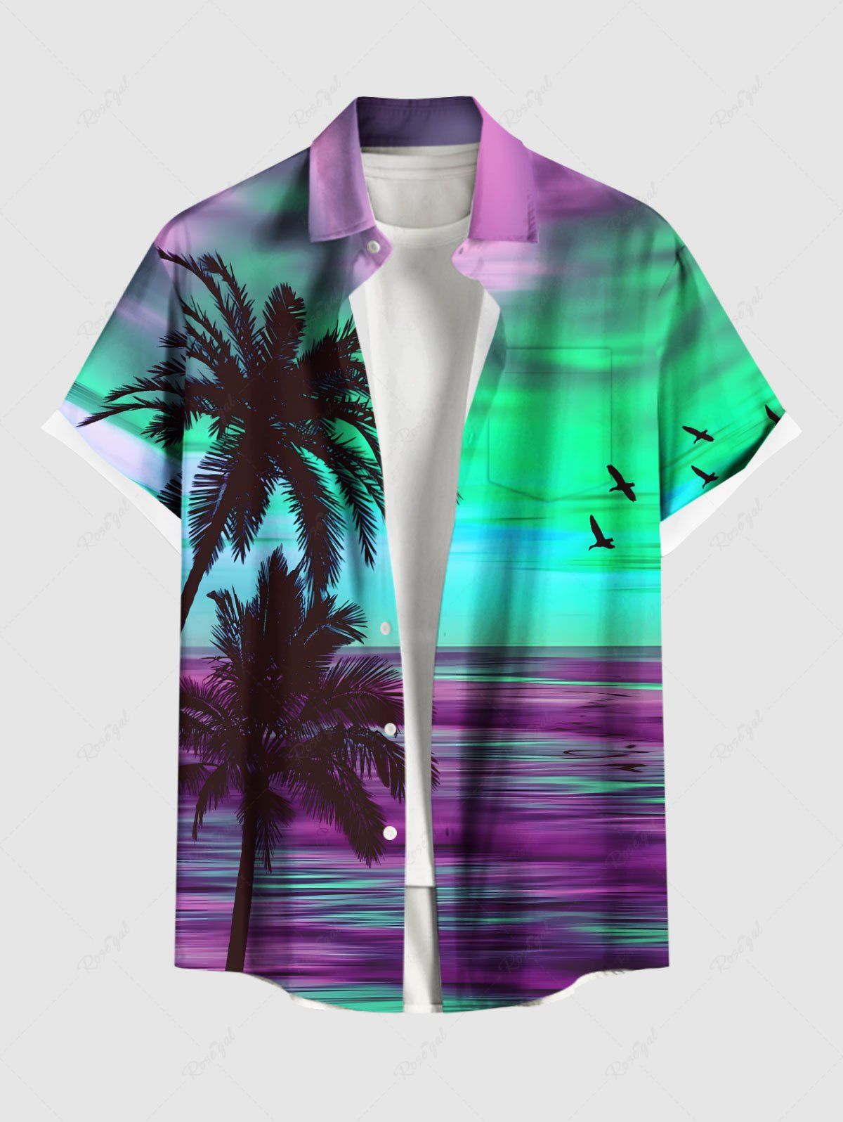 Fancy Plus Size Coconut Tree Bird Sea Tie Dye Print Buttons Pocket Hawaii Shirt For Men  