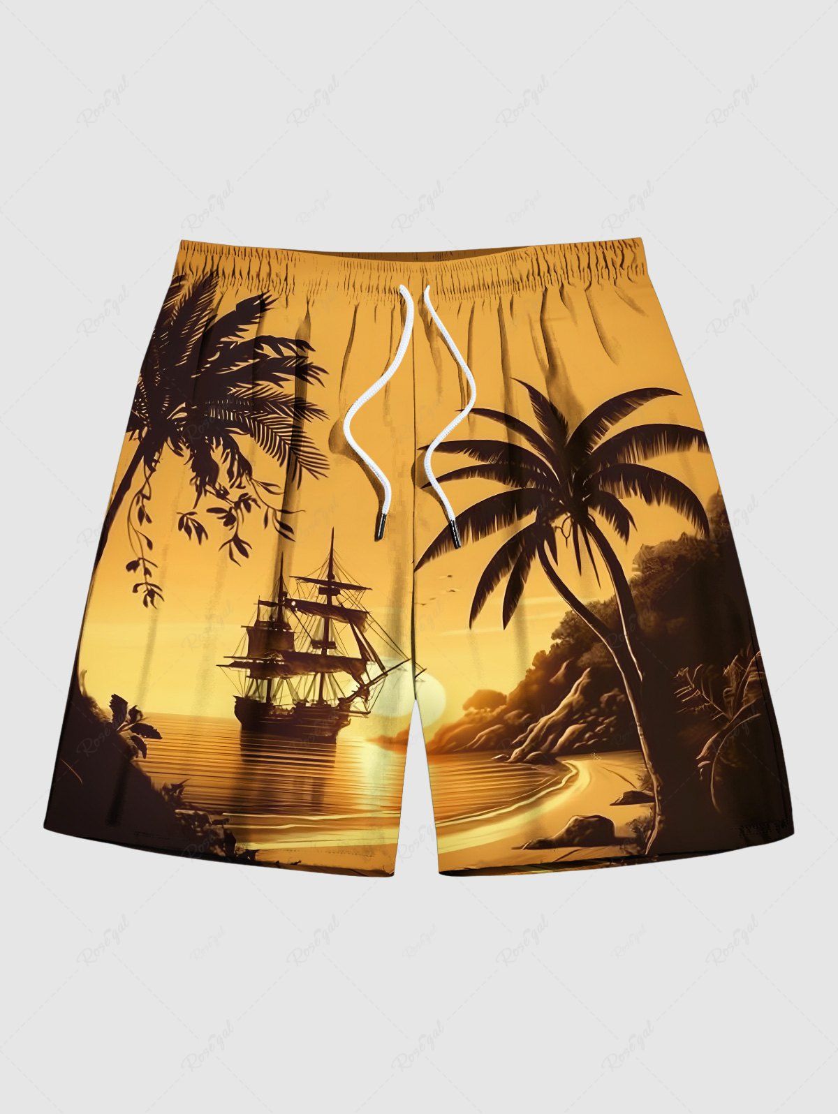 Trendy Plus Size Coconut Tree Sun Sailboat Print Hawaii Beach Shorts For Men  