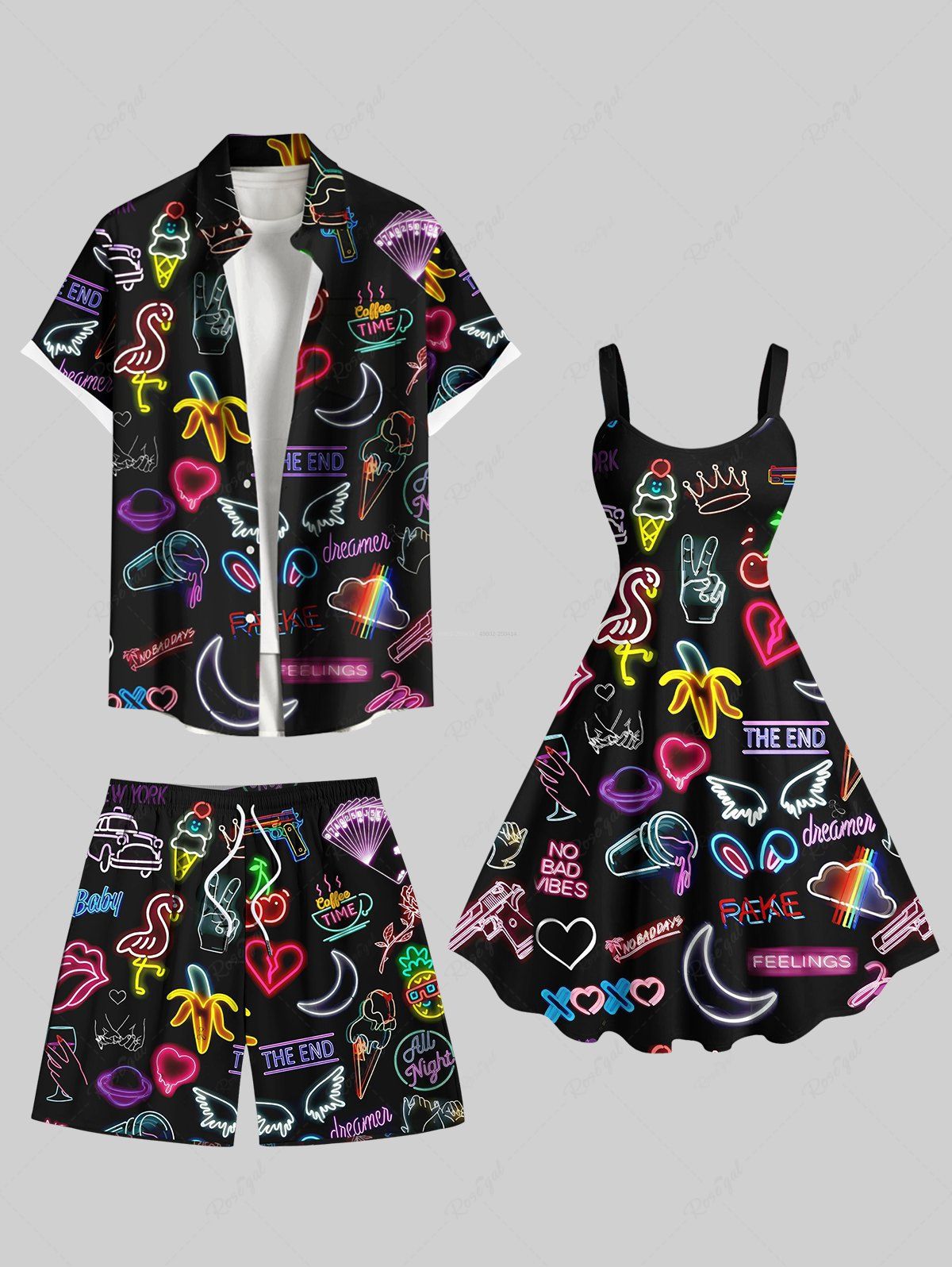 New Glitter Neon Flamingo Banana Heart Wing Moon Print Plus Size Matching Hawaii Beach Outfit For Couples  