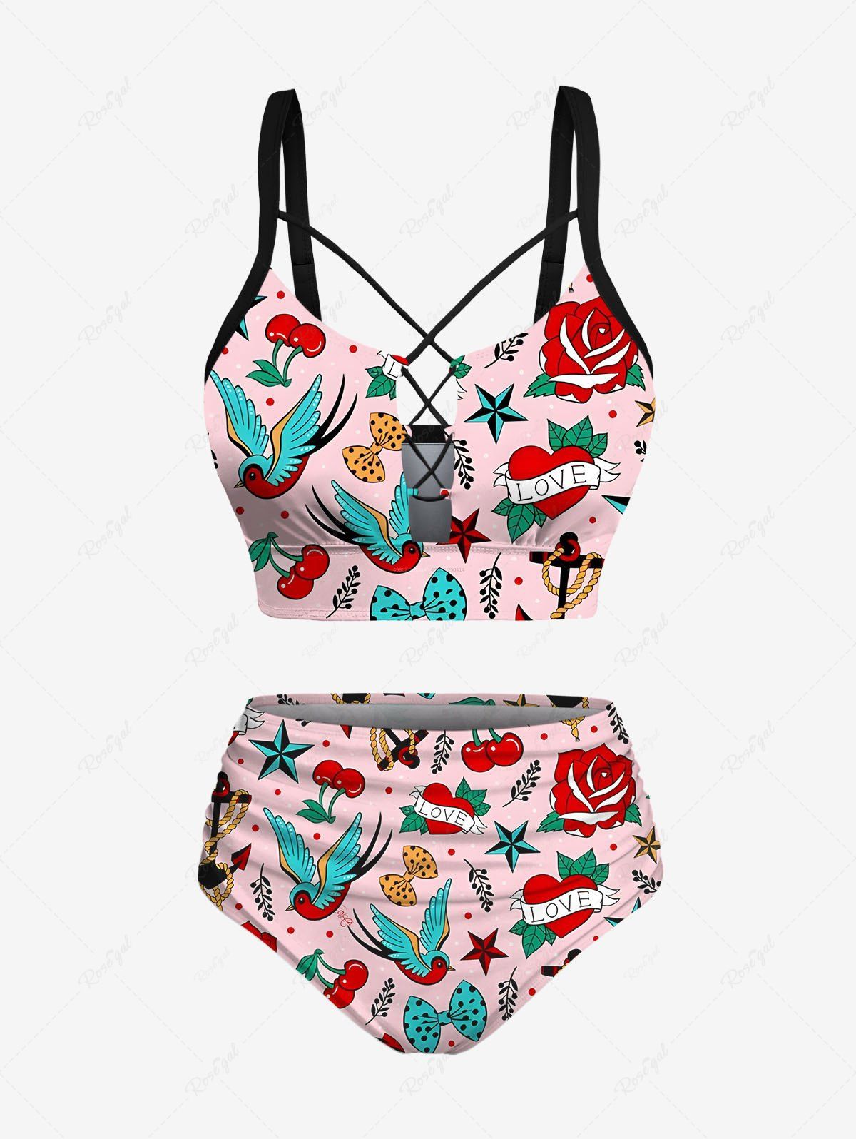 Trendy Bird Cherry Heart Anchor Bowknot Cruise Print Swimsuit Hawaii Plus Size Matching Set  