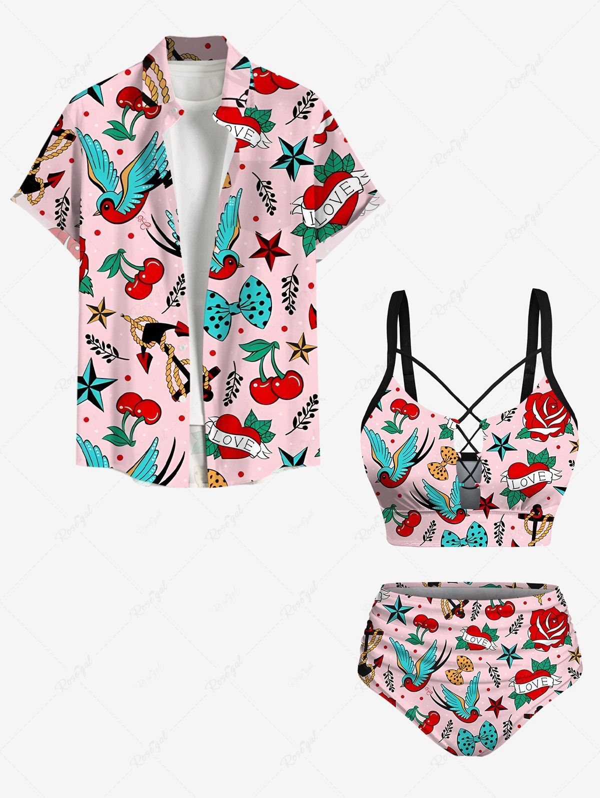 Shops Bird Cherry Heart Anchor Bowknot Cruise Print Shirt Swimsuit Plus Size Matching Hawaii Beach Outfit For Couples  