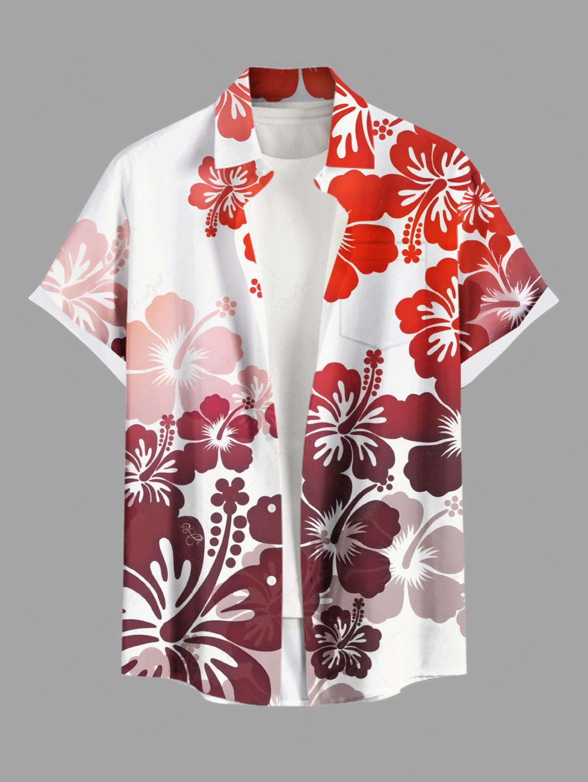 New Plus Size Hibiscus Flower Tropical Print Buttons Pocket Hawaii Shirt For Men  