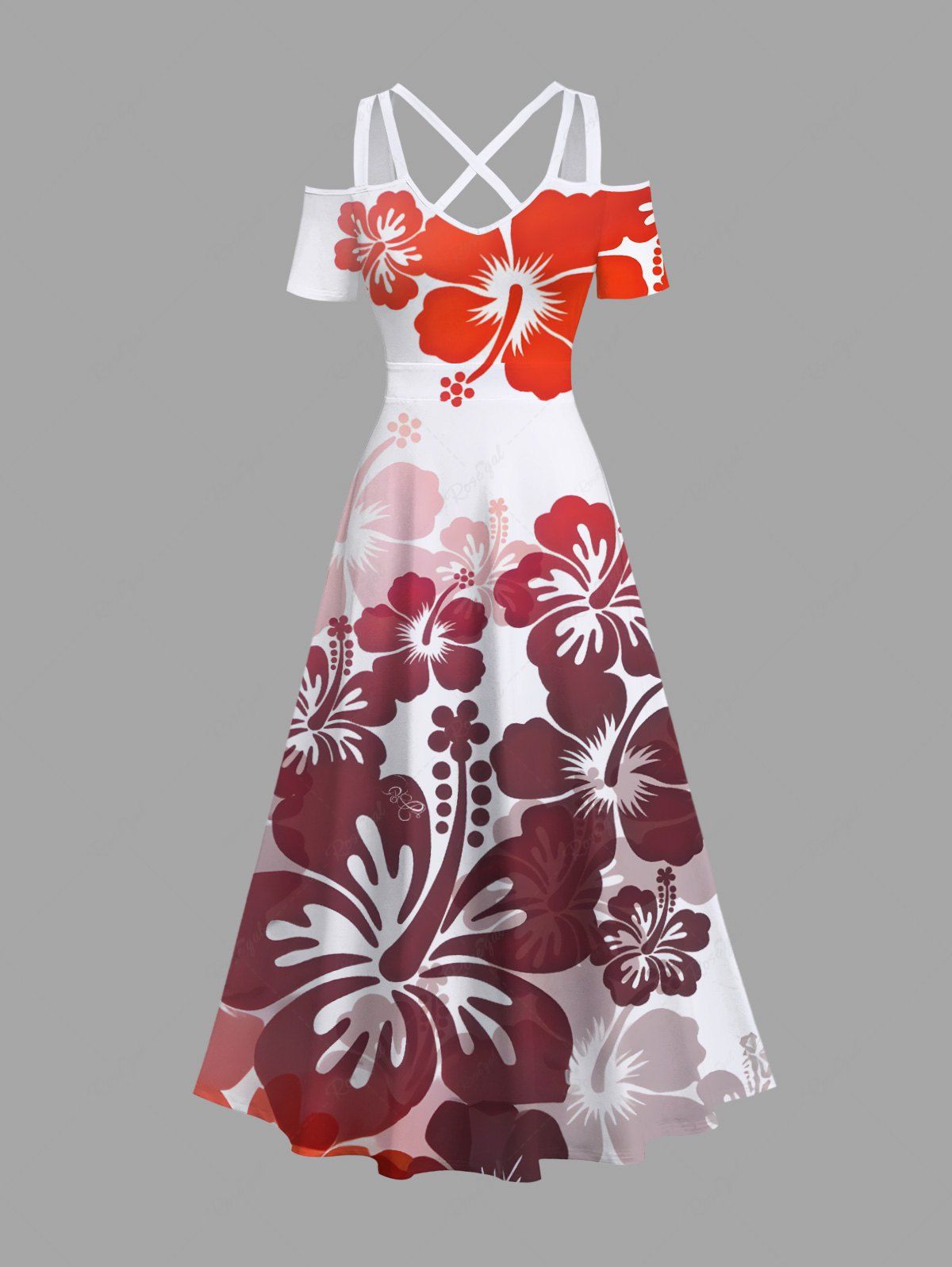Chic Plus Size Hibiscus Flower Tropical Print Cold Shoulder Crisscross Hawaii Maxi Dress  