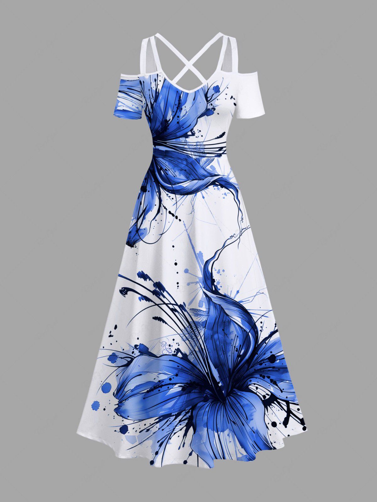 Fashion Plus Size Flowers Paint Splatter Print Cold Shoulder Crisscross Hawaii Maxi Dress  