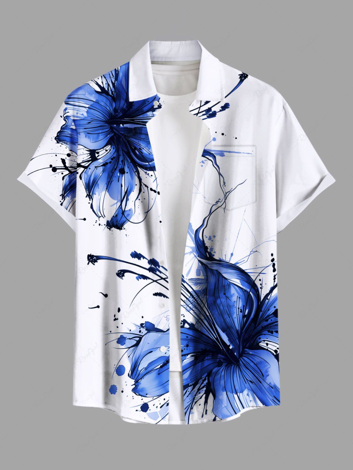 Outfits Plus Size Flowers Paint Splatter Printed Buttons Pocket Hawaii Shirt For Men  