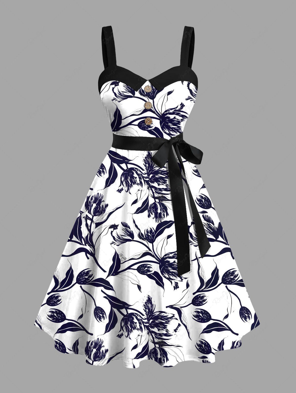 Best Plus Size Flowers Leaf Print Buttons Turn Down Collar Hawaii Dress With Belt  